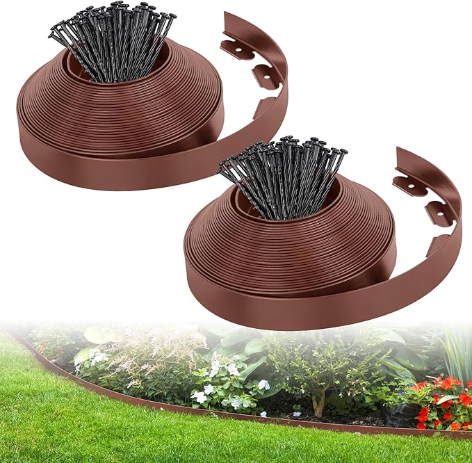 2-Inch x 66 FT Landscape Edging Border with 100 Spikes, Garden Edging Lawn Edging Border Kit, Plastic Edging Border Flexible for Garden Flower Beds Lawn Yard Pathway (Brown)
