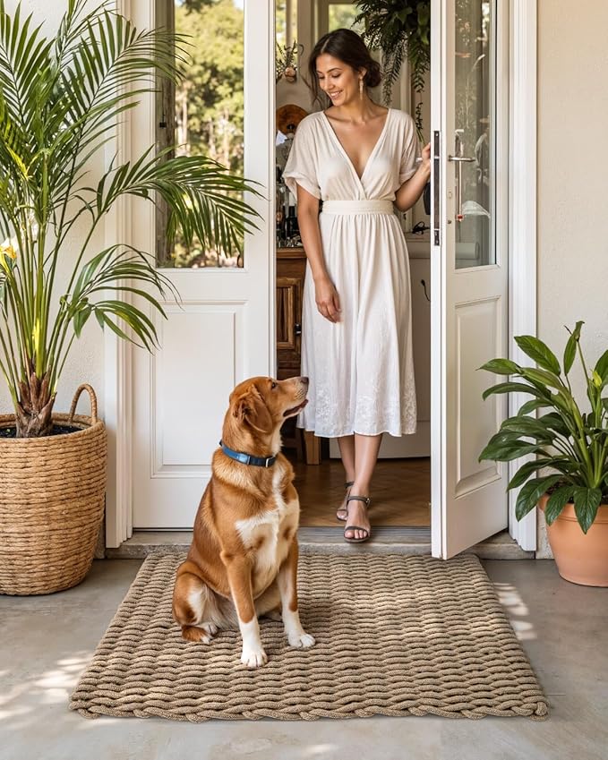 DEXI Jute Door Mat for Front Entryway, 47x71 Braided Woven Doormat Outside Entrance, Dirt Trapper Natural Fiber Entry Mats for Patio, Brown