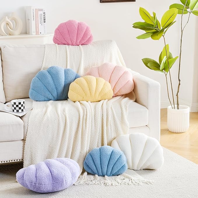 Shell Pillow Seashell Decorative Pillow Blue Beachy Coastal Shell Shaped Throw Pillows 18x13 Inch Soft Ocean Beach Sea Shell Plush Pillows Cushion for Bed Couch Living Sofa Room Decor