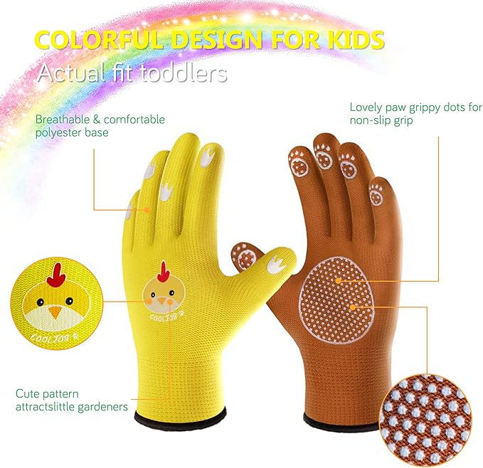COOLJOB Breathable Toddler Work Gloves for Gardening Boy Girl Ages 4-6 Medium, Nylon Kids Garden Gloves with Grip, Children Yard Gloves for Digging Weeding Landscaping, Yellow & Brown, 2 Pairs