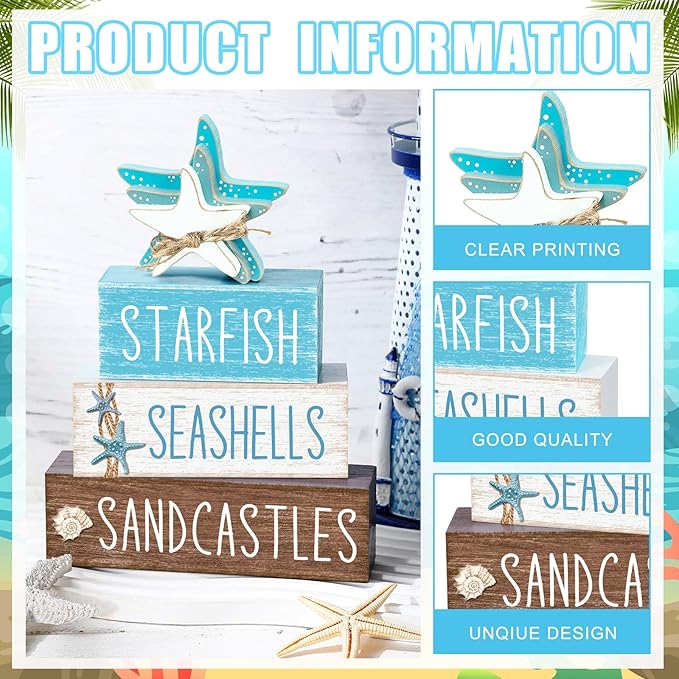 4 Pcs Beach Summer Table Decor Starfish Seashell Coastal Wooden Block Sign Ocean Tiered Tray Decor Farmhouse Table Centerpieces Rustic Nautical Decorations for Home Office Desk Shelf Mantel