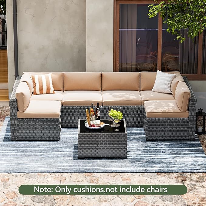 Aoxun Replacement Cushions for Outdoor Furniture, 14-Piece Outdoor Cushions for Patio Furniture, Deep Seat, Waterproof & Fade Resistant Couch Cushion for 6-Seat Patio Conversation Sets, Beige