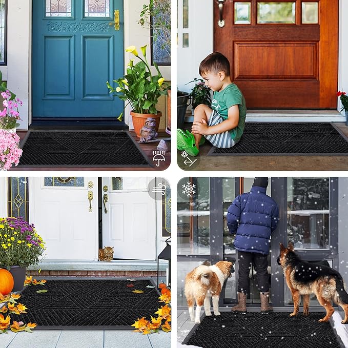 Smiry Front Door Mat Outside Entrance, Heavy Duty Sturdy Natural Rubber Doormat, Trap Dirt and Moisture, Easy Clean Low Profile Mats for Indoor Outdoor Entry, Irregular Triangle (47x32, Black)