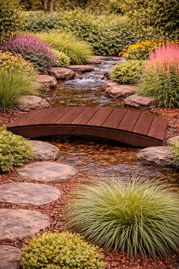 4 FT MAHOGANY Amish Made Pinewood Heavy Duty Garden Bridge for Walkway, Backyard Pond & Landscaping, Outdoor Wooden Footbridge for Koi Pond, Japanese Style Decorative Bridge, Made in USA