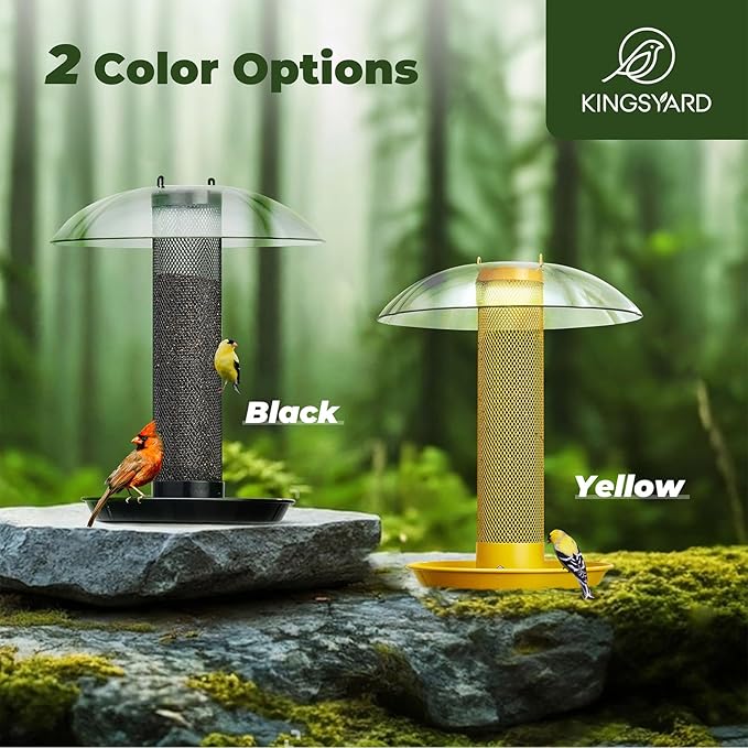 Kingsyard Finch Bird Feeder for Outdoors Hanging, Metal Mesh Tube Bird Feeders for Thistle & Nyjer Seed, Large Removable Tray & Rainproof Dome, 2.5 lbs Seed Capacity, Black