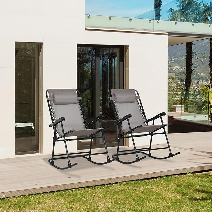 Outsunny 2 Piece Outdoor Rocking Chair Set, Patio Folding Lawn Rocker Set with Headrests for Yard, Patio, Deck, Backyard, Gray
