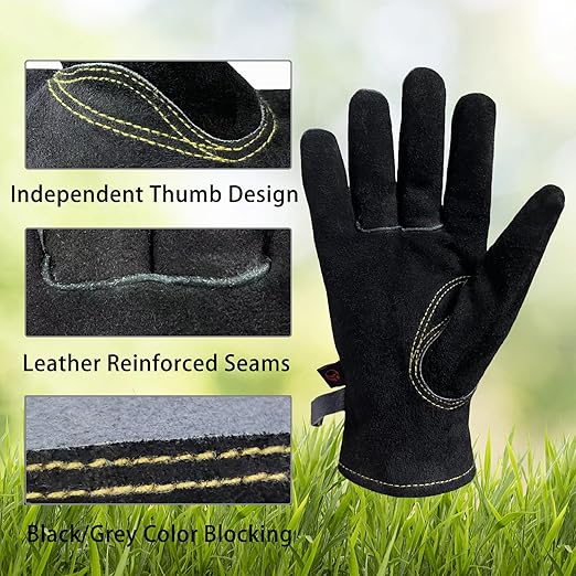 Leather Work Gloves for Women with Cotton Lining, Thorn Proof Gardening Gloves for TIG/MIG Welding, Construction (Black, Large)
