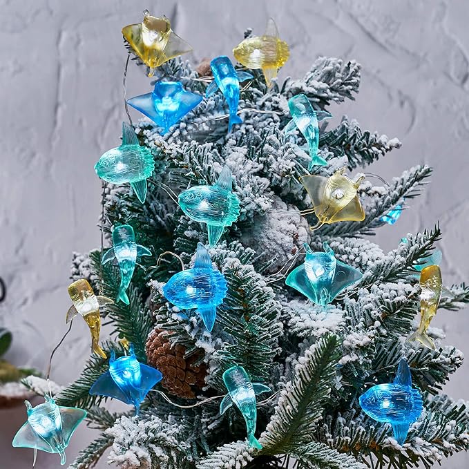 Outdoor Solar Garden Lights - Nautical Sea Life Decorative Fairy String Lights with 40 LED, 14ft Beach Tree Decor (Whale Shark, Sunfish, Manta Ray)
