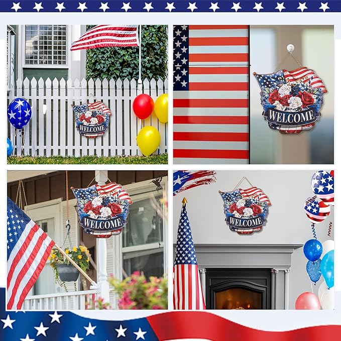 4th of July Decorations for Door: Metal Patriotic Wreath Outdoor 14" Red White and Blue Decor Fourth July Memorial Day Sign Large Mason Jar Wall Hanging Independence Vintage for Outside Indoor