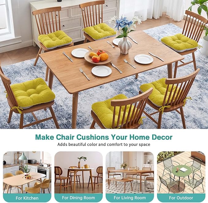 BETU Chair Cushions for Dining Chairs Set of 6,3.5" Thick Kitchen Table Chair Pads with Ties,Non Slip Backing and Covers, Seat Cushion for Dining Room,Bar,Patio Chairs,16"X16"X3.5",Gold