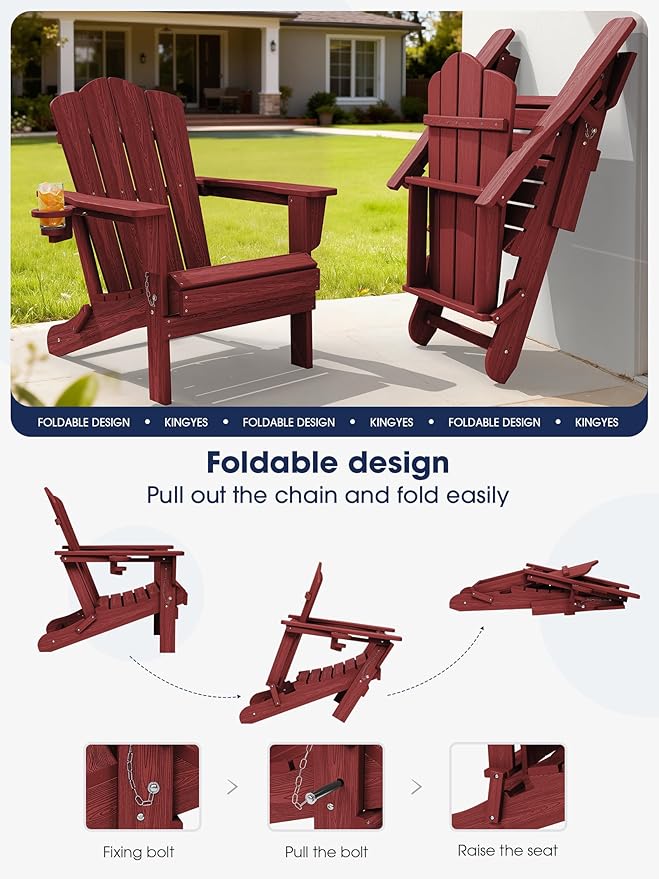 KINGYES Folding Adirondack Chair Set of 4, HDPE All-Weather Patio Chairs with Cup Holder, Wooden Textured Fire Pit Chairs for Poolside, Backyard, Deck, Red