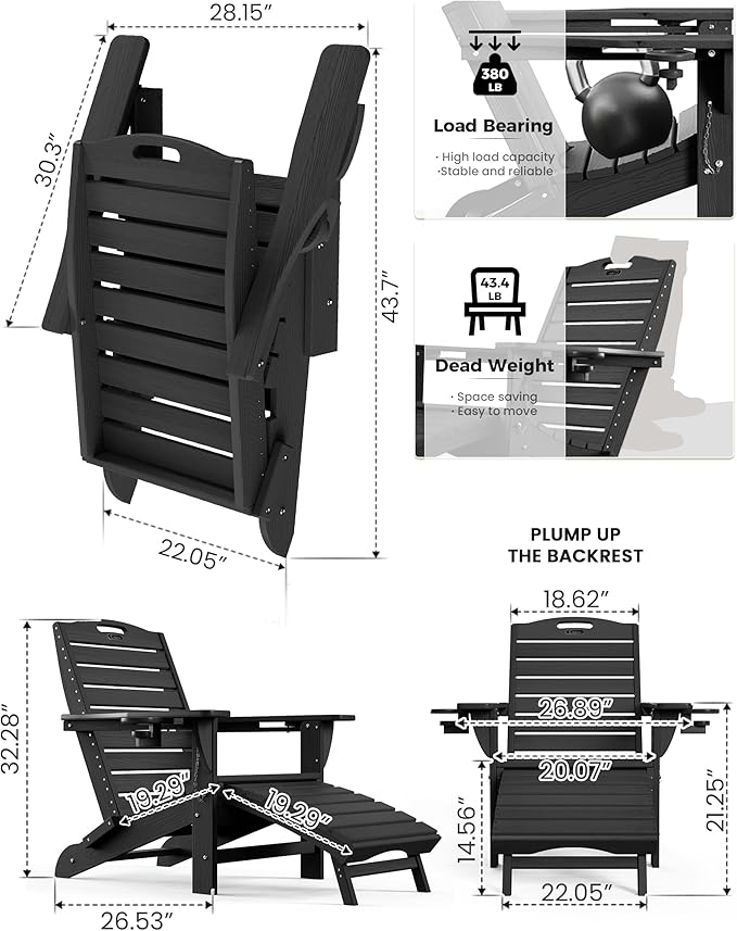 Ciokea Folding Adirondack Chair Set of 6 with Retractable Ottoman Fire Pit Patio Chair with Pull Out Foot Rest Weather Resistant Lawn Outdoor Chair with 2 Cup Holder(Black)