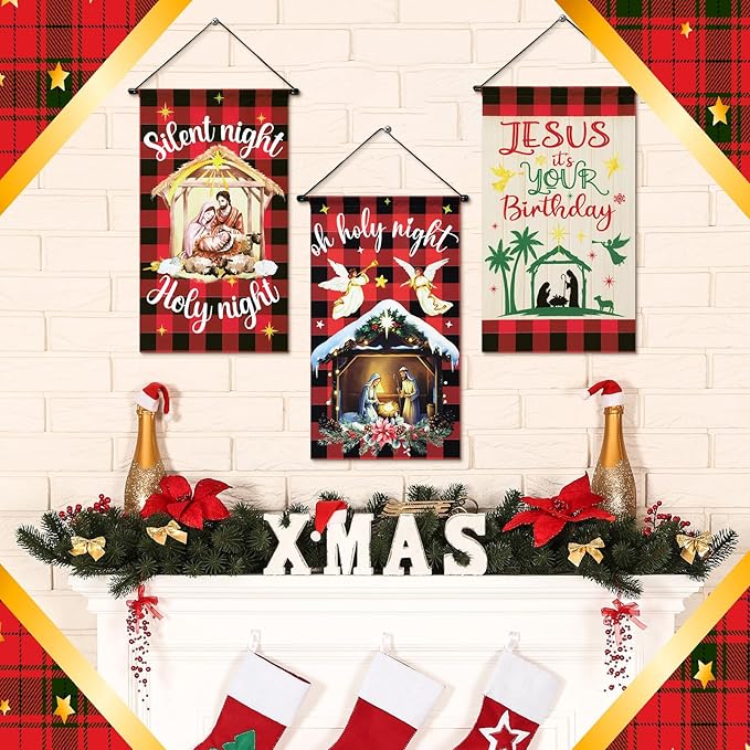 Tegeme 3 Pcs Nativity Christmas Door Sign Flag Christmas Holy Night Door Banner Jesus Nativity Flag 12 x 19 Inch Holiday Hanging Decoration for Home Outdoor