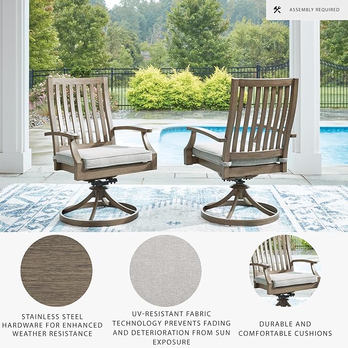 Signature Design by Ashley Rainier Ranch Contemporary Nuvella Weather Resistant Fabric Outdoor High Back Rocker Swivel Chair with Cushion, Set of 2, Light Brown & Beige