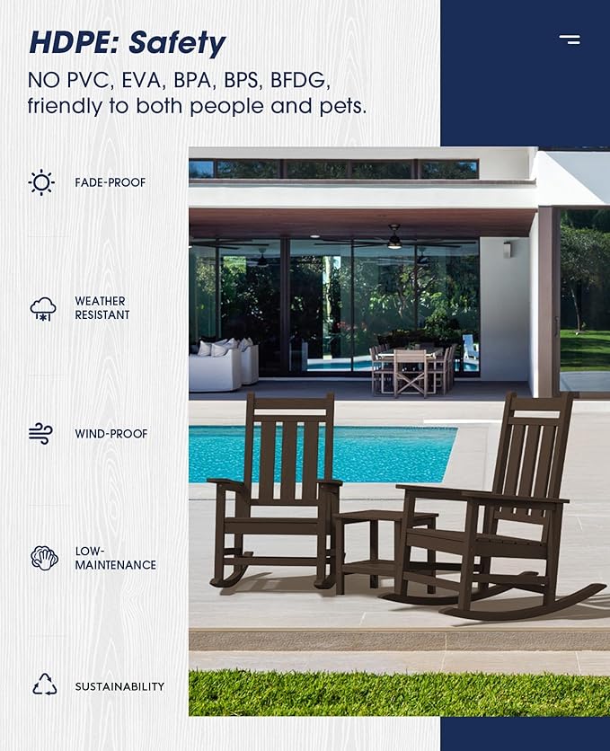 KINGYES Oversized Outdoor Rocking Chair, All-Weather Patio Rocking Chairs for Porch, HDPE Outdoor Patio Rockers with High Back & Wide Seat for Garden, Lawn, Coffee