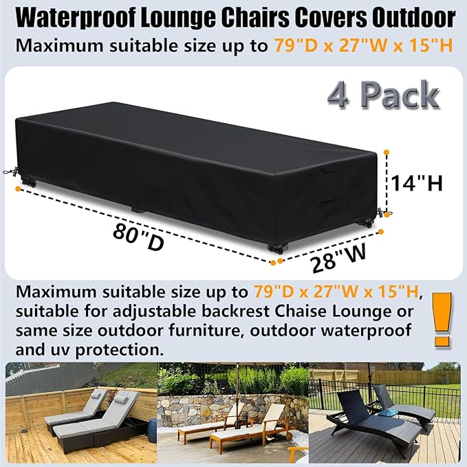 Waterproof Patio Lounge Chair Cover 4 Pack Outdoor Chaise Lounge Covers 600D Weather Resistant Material, UV Protection, Windproof Design Outside Furniture Covers 80" x 28" x 14" H,Black