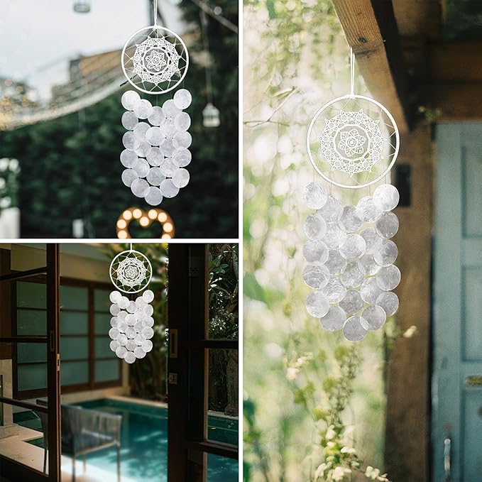 Handmade Capiz Wind Chimes for Outside, Outdoor Seashell Hanging Beach Coast Ocean Home Decorative, Unique Natural Shell Waterfall Windchimes for Summer Patio, Great Memorial Sympathy Gift（White