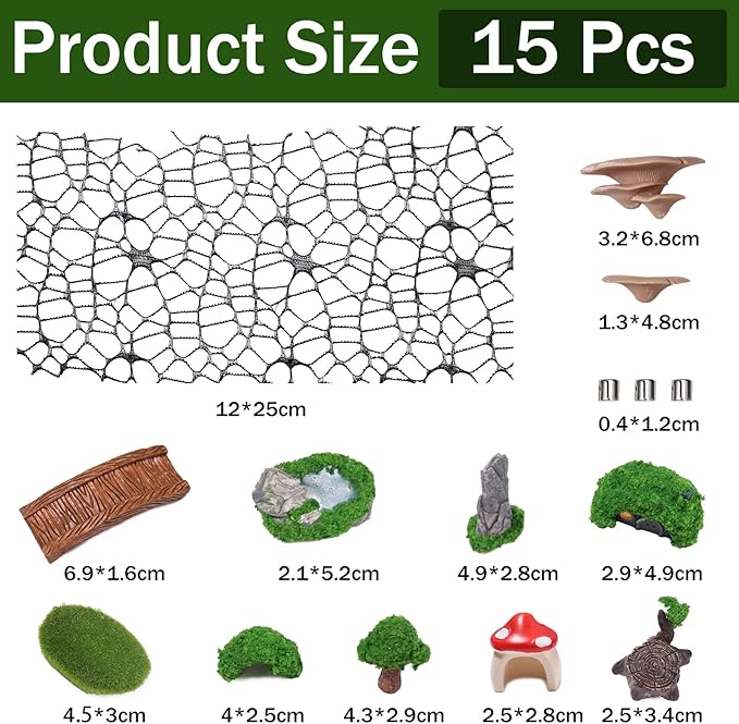 15 Pcs Jumping Spiders Hide Accessories, Jumping Spider Bridge Web Net, Mini Mountain Pond Trees Lawn Figurines Garden Mushroom Platform Decorations for Jumpings Spider Habitat Tank Enclosure Decor