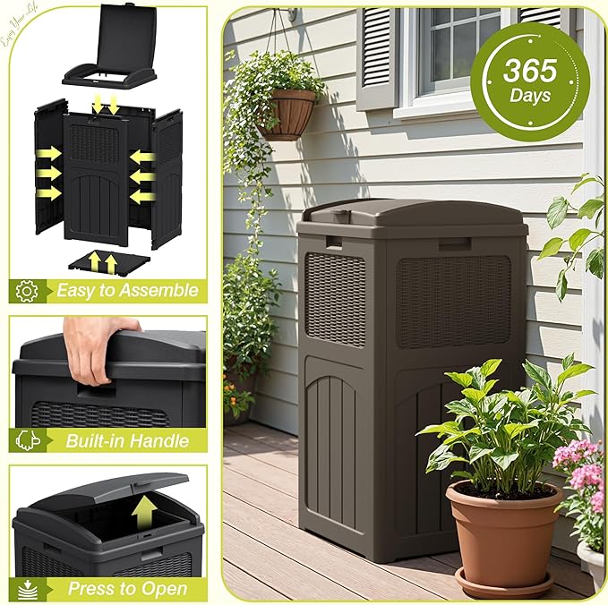 Greesum 33 Gallon Outdoor Trash Can with Lid (2-Pack), Heavy Duty Resin Garbage Bin, Waterproof & UV Resistant for Patio, Garden, Deck, Yard, Brown