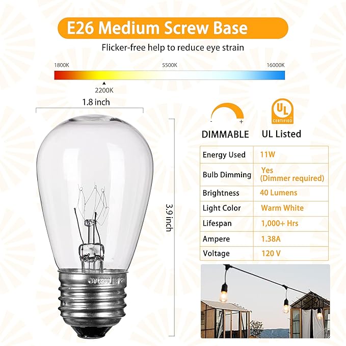 30 Pack S14 Clear Bulbs 11 Watt Warm Replacement Incandescent Glass Light Bulbs with E26 Medium Base for Indoor and Outdoor Commercial Grade Outdoor Patio Vintage String Lights