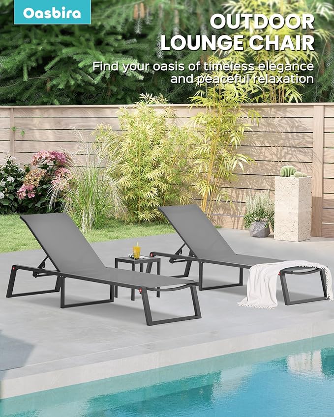 Aluminum Patio Chaise Lounge Set of 2 with 1 Side Table, Foldable Outdoor Pool Lounge Chairs 5-Position Recliner for Outside Poolside, Fully grounded legs Sun Lounger for Beach, Yard, Dark Grey