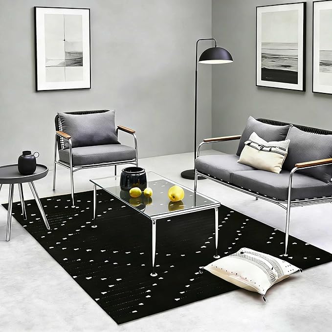 LIVEBOX Black Area Rug for Living Room 5x8, Boho Large Bedroom Washable Cotton Woven Carpet, Moroccan Indoor Thin Throw Rug for Dining Room, Home Office