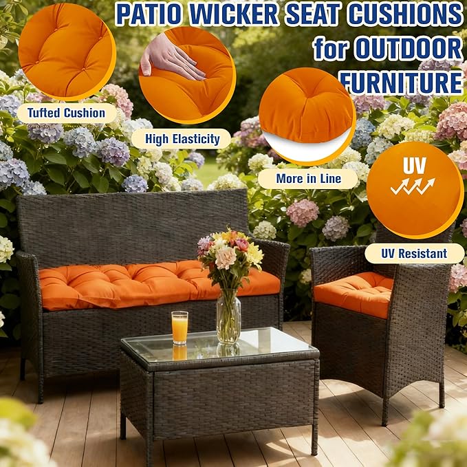 Patio Furniture Cushions Outdoor, Waterproof Wicker Chair Cushions Set of 3, 1 Loveseat & 2 Seat Pads, Thick Outdoor Replacement Cushions for Porch Lawn Bench Couch Sofa Swing, Orange