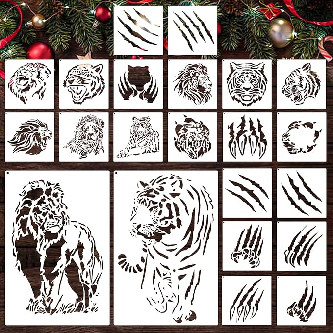 22 PCS Lion Tiger Stencils, Tiger Paws Reusable Plastic Paint Templates for Painting on Wood, Lion Tiger Head Stencils Set for Canvas Drawing Art Tile Home Wall DIY Craft Decoration, 2 Size