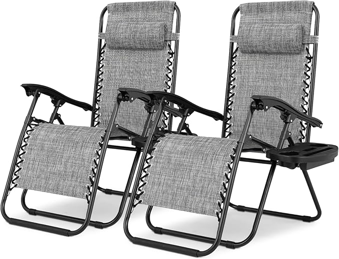 Magshion Zero Gravity Lounge Chairs Set of 2, Outdoor Patio Reclining Chair with Side Tray, Adjustable Anti-Gravity Recliners with Pillow Headrest, Folding Lounger for Lawn Camping Beach, Dark Grey