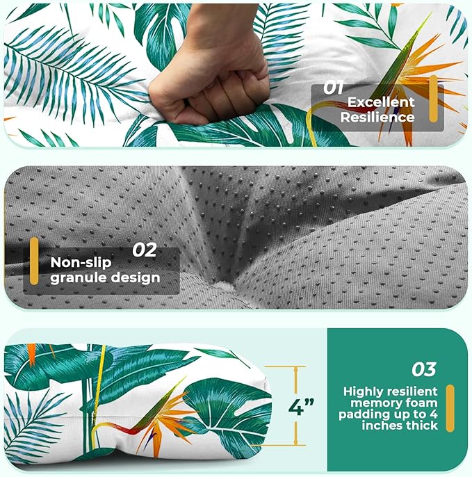 All Weather Chaise Lounge Cushions Outdoor Lounge Chair Cushion, Memory Foam Chaise Lounger Chair Cushion Waterproof for Outdoor Patio Furniture with Non-Slip Back and Ties, Yellow-Green Leaf