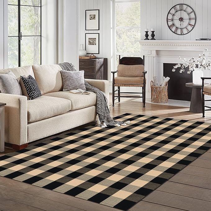 IOHOUZE Buffalo Plaid Rug 5x7 Ft Indoor Outdoor Rug, Washable Rugs for Living Room, Spring Summer Welcome Mats Outdoor, Cotton Area Rug for Farmhouse/Entryway/Home Entrance,Tan Black