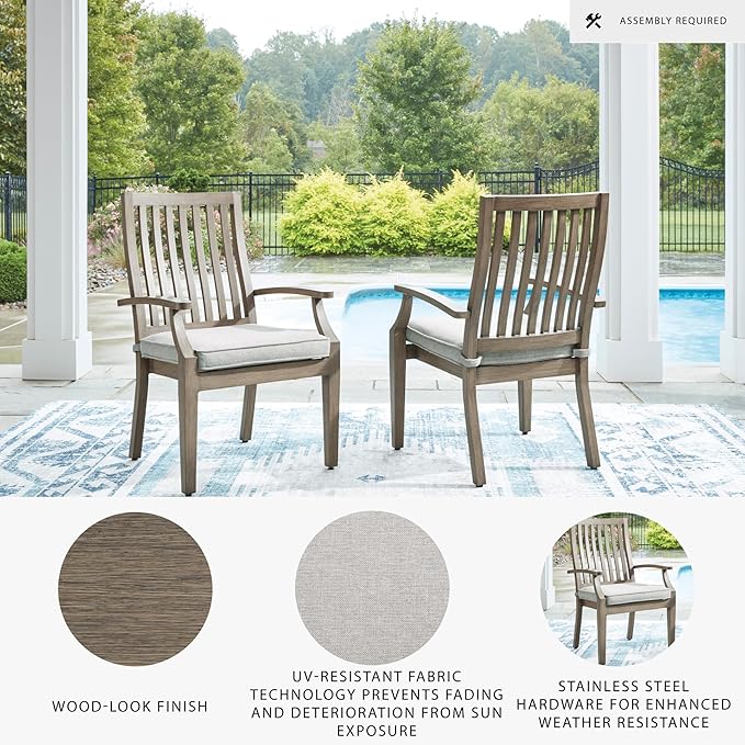Signature Design by Ashley Rainier Ranch Contemporary Rust Resistant Aluminum High Back Outdoor Arm Chair with Loose Seat Cushion, Set of 2, Nuvella Weather Resistant Fabric, Light Brown & Beige