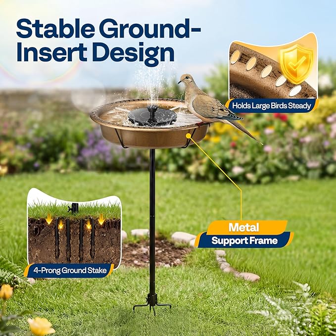 VIVOHOME Oval Bird Bath with Solar Fountain for Outside, Weather-Resistant ABS Birdbath Bowl with Solar Powered Pump, Metal Ground Stake for Outdoor, Garden, 1.3 Gallons, Copper