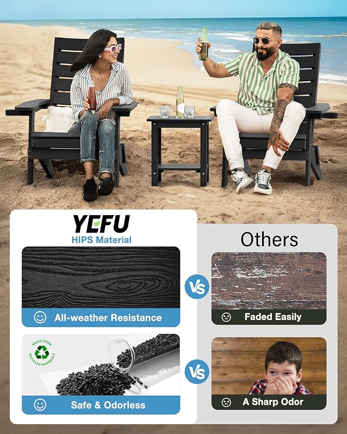 YEFU Adirondack Chair, Folding Adirondack Chairs Set of 4 with Arc Back & Cup Holder, Weather Resistant Plastic Oversized Chair for Outdoor Patio Lawn Garden Backyard Deck Fire Pit, Black