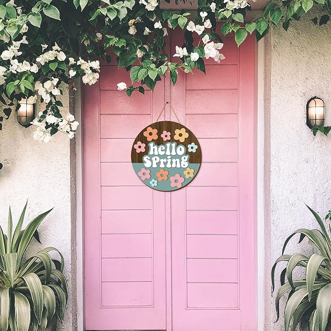 Whaline Hello Spring Wooden Hanging Sign Retro Boho Flower Wreath Sign Farmhouse Rustic Floral Door Hanger Sign for Indoor Outdoor Home Porch Window Decor