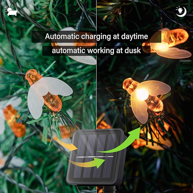 Solar String Lights Outdoor, 2Pack 30LED Honey Bees Fairy Lights, 8 Modes Cute Bee Lights Waterproof for Garden Fence Patio Yard Tree Xmas Decorations,Warm White