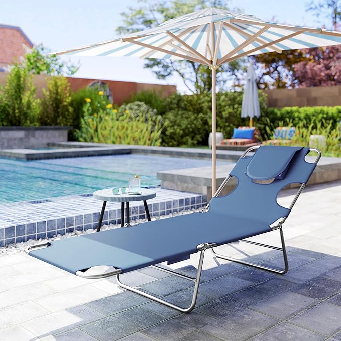 Outsunny Folding Beach Lounge Chair with Face Hole and Arm Slots, 5-Level Adjustable Sun Lounger Tanning Chair with Pillow for Patio, Garden, Beach, Pool, Gray