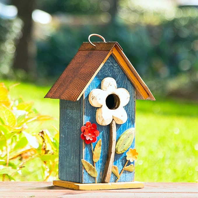 Glitzhome Hanging Bird House for Outdoor, 10.2" H Patio Garden Decorative Birdhouse Pet Cottage Distressed Wooden Bird House for Swallow Sparrow Finch Cardinals, Flower Rustic Blue