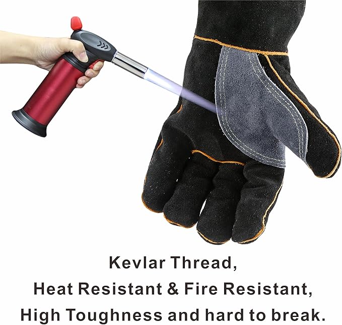 Extreme Heat & Fire Resistant Gloves Leather with Kevlar Stitching,Mitts Perfect for Fireplace, Stove, Oven, Grill, Welding, BBQ, Mig, Pot Holder, Animal Handling
