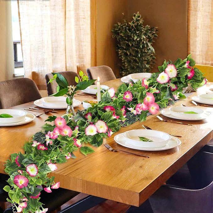 AirSun Artificial Morning Glory Flower Vines, 2pcs 15Feet Hanging Plants Silk Garland Fake Green Plant Home Garden Wall Fence Indoor Outdoor Wedding Birthday Decor