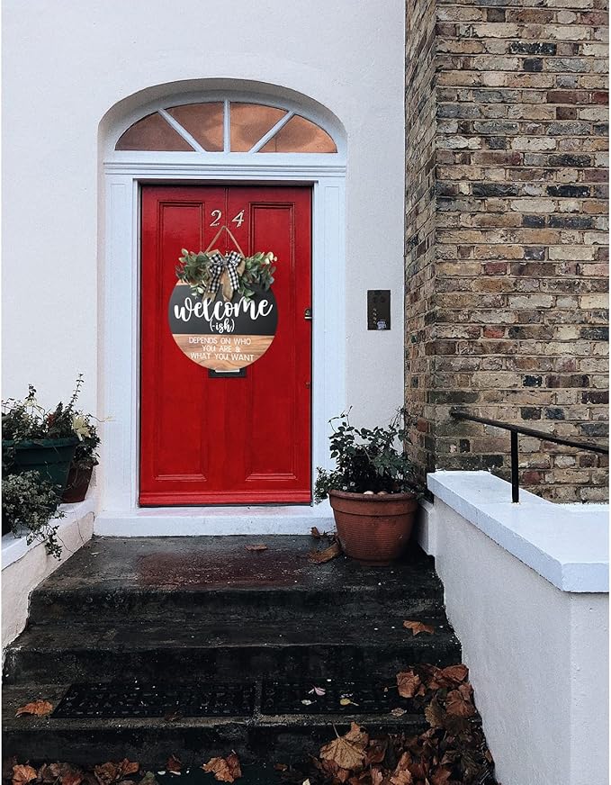 Welcome Door Sign Rustic Home Decor for Front Door Porch Decor Farmhouse Wreath Wall Decor with Eucalyptus Wreath & Buffalo Bow Seasonal Wooden Front Door Wreaths for Home Wall Decor