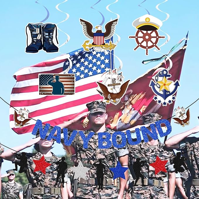Glitter Navy Bound Banner Boot Camp Decor Army Party Decorations Military Party Supplies Navy Birthday Decor Marine Corps Decorations Hanging Swirls for Women Men