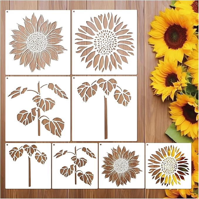 Large Sunflower Fence Stencil for Painting on Fences Wood Reusable Tall Blooming Flower Stencils Kit Garden Fence Flower Templates for Outside Mural Walls Crafts Canvas (Sunflower 8pcs)