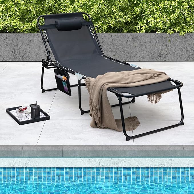 GYMAX Lounge Chair for Outside, 440lbs 27” Oversize Folding Beach Tanning Sunbath Chair with Adjustable Backrest & Removable Pillow, Lightweight Portable Patio Lounger for Lawn Poolside (2, Black)