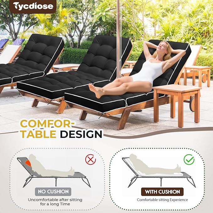 Outdoor Chaise Lounge Chair Cushion, Waterproof Non-Slip Patio Chaise Lounge Cushions for Outdoor Furniture, Thickened Patio Pool Lounger Chair Cushion, 76.4 x 22.8 x 4.7 Inches, Black