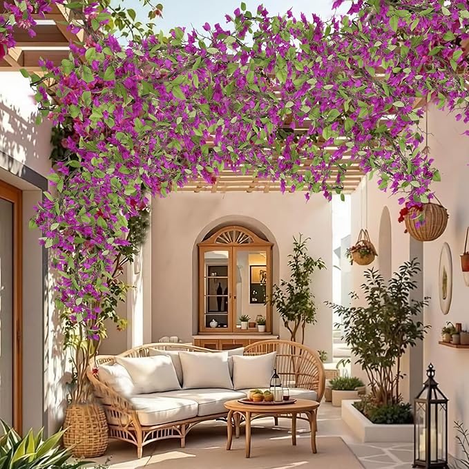 Artificial Bougainvillea Flowers Garland Purple Silk Bougainvillea Vines UV Resistant Realistic Faux Hanging Flowers Plants for Outdoor Outside Summer Decoration Porch Patio Balcony Yard Wall