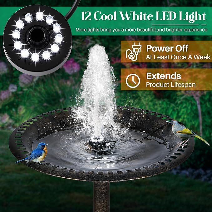 Bird Bath Fountains with 12 LED Lights, 24 Hour Working Fountain Pump with Light, Adjustable Watering Submersible Pump for Outdoor Water Garden, Pond(Cool White)
