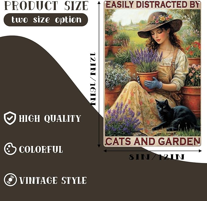 Vintage Garden Metal Tin Signs Easily Distracted By Cats and Garden Funny Tin Sign Rustic Indoor Outdoor Wall Decor for Home Yard Farmhouse Greenhouse Patio Porch Bar 8×12 Inch