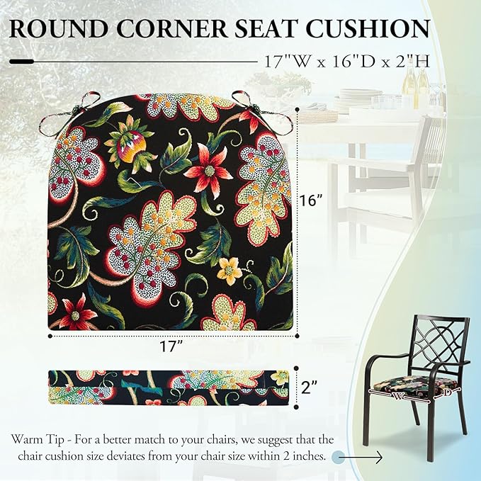 Wellsin Outdoor Chair Cushions for Patio Furniture - Patio Chair Cushions Set of 6 - Water Resistant Round Corner Outdoor Seat Cushions 17"X16"X2", Flower Black