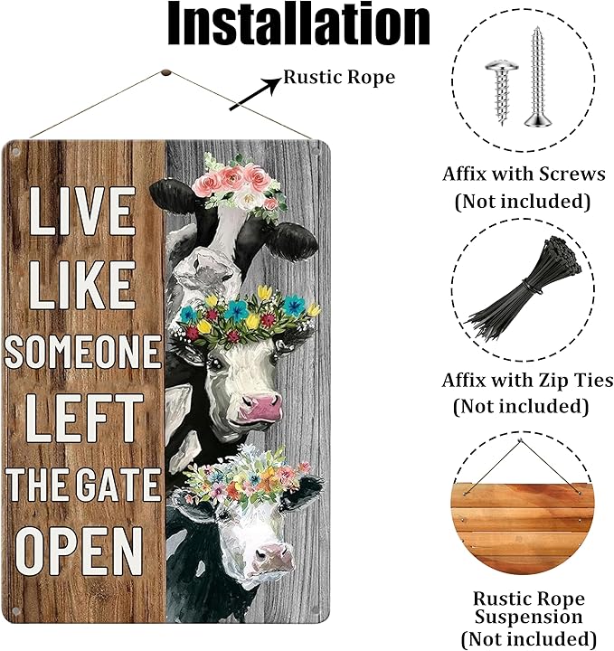 Funny Vintage Farm Decor Sign Cow Live Like Someone Left The Gate Open Tin Sign for Home Farm Fence Kitchen Bathroom Wall Decor 8x12 Inches